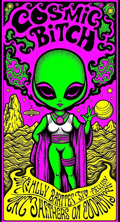 Prompt: **Cosmic Bitch - AI Art Prompt**

Create an artwork featuring the phrase "Cosmic Bitch" in a bold, sassy, girly futuristic tech font. The centerpiece is a stunning green-skinned alien female with a large somewhat conical shaped bald head & large solid black almond shaped eyes, exuding sass and confidence, dressed in avant-garde high fashion with a futuristic twist. Her ensemble is adorned with intricate accessories that scream alien chic.

Incorporate a vibrant UFO hovering in the scene, brimming with colorful lights that dance across the canvas. The background is a bustling outer space landscape, complete with an alien planet, swirling asteroids, and cosmic wonders. Alien glyphs are subtly woven into the design, adding an enigmatic touch.

The entire scene is a whirlwind of activity, filled with intricate details that draw the eye to every corner. From the tiniest star to the grandest asteroid, let no space go unadorned. The result is a masterpiece of cosmic chaos and extraterrestrial elegance.

Now, go forth and let your AI art creation shine in all its interstellar glory! 🌌👽✨