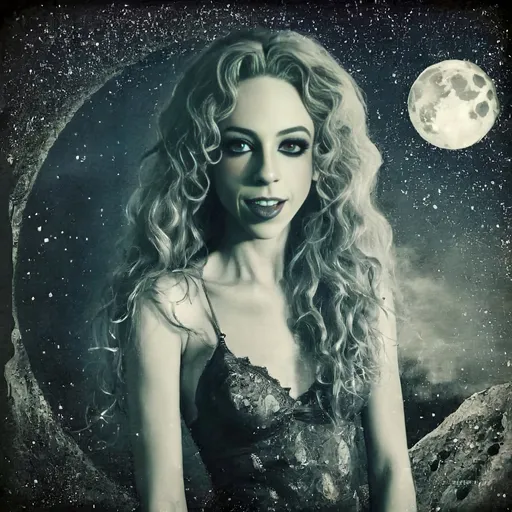 Prompt: Vintage Cyanotype print of a alien girl on the moon, long curly blond hair,  detailed silhouette, vintage artistic style, cool tones, subtle moonlight, high quality, cyanotype print, vintage, detailed silhouette, moon, girl, subtle lighting, cool tones