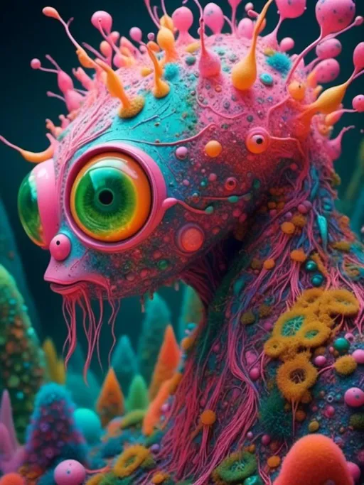 Prompt: <mymodel>an extremely hyper realistic super textural psychedelic entity/creature, trippy, weird, surreal, fractals, multidimensional geometric shapes, eyes, human teeth, lots of light, bright pastel colors, luminous, glowing, extremely textural, pinks, greens, oranges, yellows