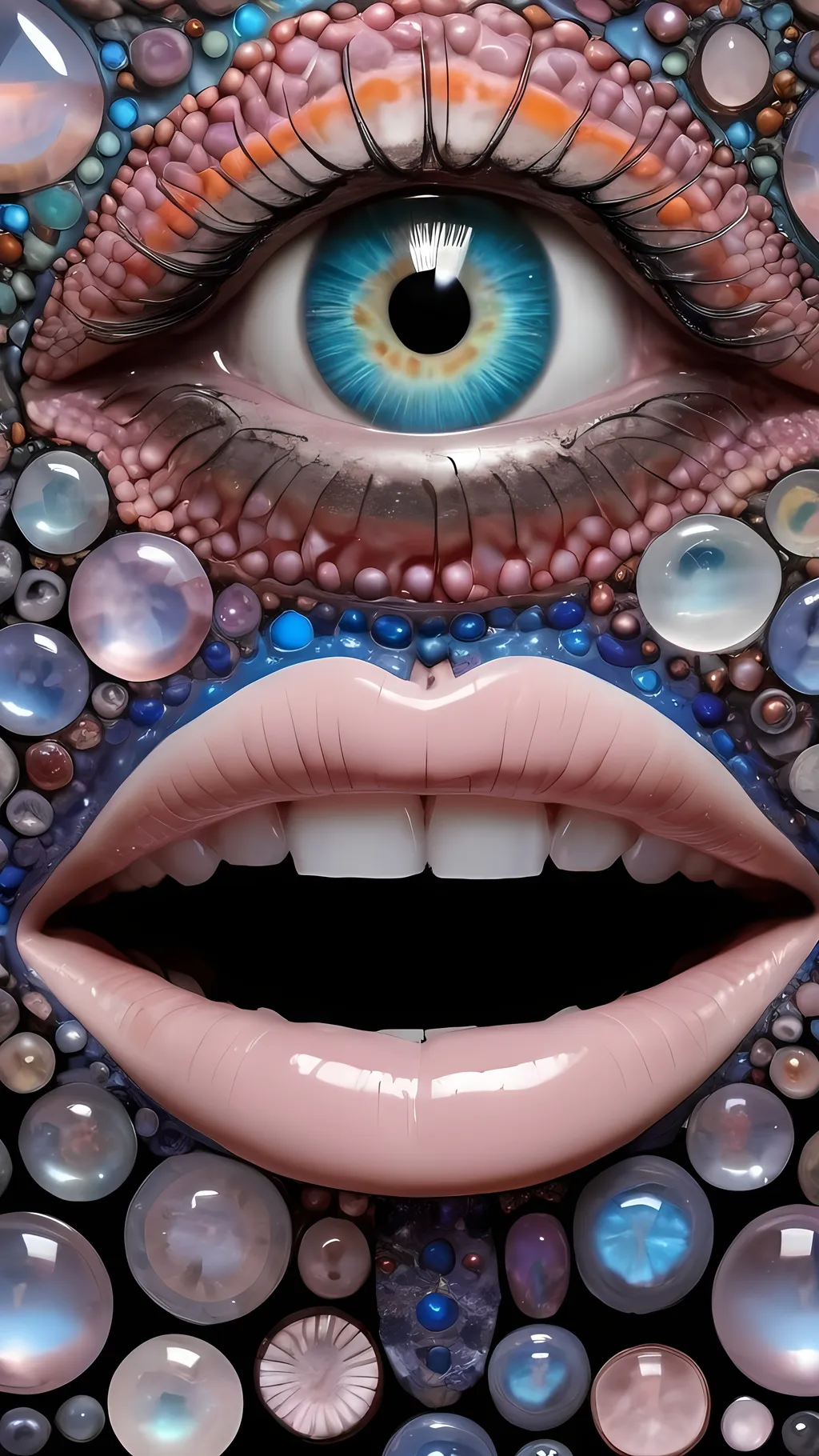 Prompt: Create an extremely hyper-realistic, ultra super textural, weird, trippy, surreal, psychedelic eyes/teeth/mouth pattern/design based on Mandelbrot & “Op Art tiling” with lots of human eyes (crazy colorful compound psychedelic), rows of human teeth, human lips, and tongues. 

- **Colors**: determined by the properties and expressions of the elements (& their isotopes), minerals, and metals: opal, moonstone, Kunzite, selenite, rose quartz, Palladium (Pd), “Fusarium verticillioides”

**Shapes and forms**
- Mandelbrot 
- "Op Art tiling" 
-other shapes determined by the natural properties and expressions of the elements (& their isotopes), minerals, metals, and biological organisms: opal, moonstone, Kunzite, selenite, rose quartz,  Palladium (Pd), “Fusarium verticillioides”


- **Textures**: Derived from any/all elements (& their isotopes), minerals, metals, crystals, organic things mentioned in this prompt: opal, moonstone, Kunzite, selenite, rose quartz, Palladium (Pd), “Fusarium verticillioides”

**Composition and Layout**:
- a pattern/design based on the Op Art tiling & Mandelbrot 

**Lighting**:
- lots of bright light
- Iridescence
- Aventurescence
- Chatoyancy
- Asterism

**Detail and Atmosphere**:
- Extreme hyperrealistic sharp high detail high definition organic and mineral textures
- Psychedelic, weird, odd, surreal atmosphere
- Frozen in time

**Additional Elements**:
- extra rows of teeth, lips, many eyes, Op Art tiling, Mandelbrot, Iridescence, Aventurescence, Chatoyancy
