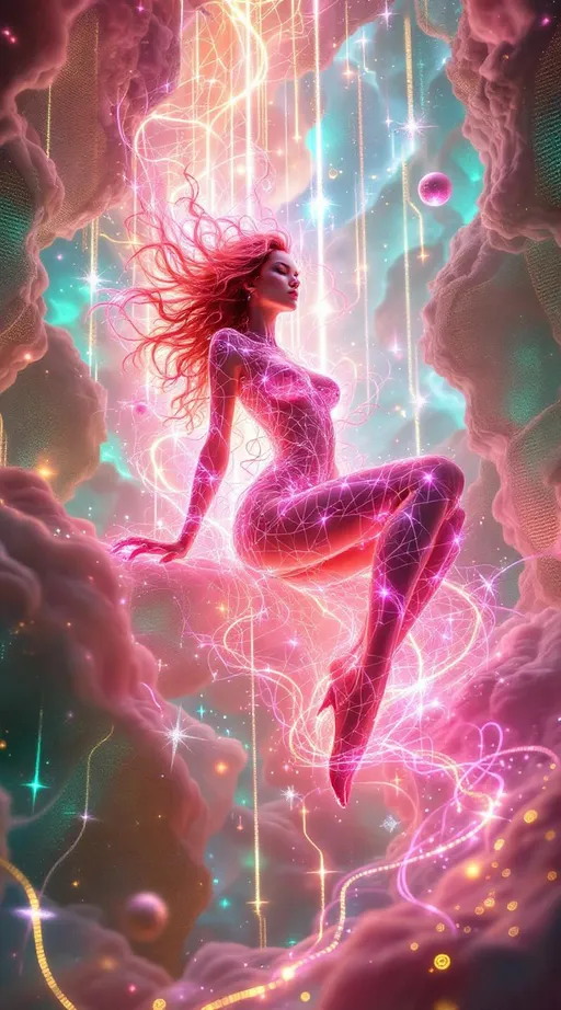 Prompt: Suspended within the data lattice void, she blazes in brilliant contrast—her form a hyperchromatic bloom within sacred structure. Around her stretch infinite glowing grids—lattices of soft white, teal, and gold light forming non-Euclidean layers of logic, folding in space like a dreaming machine. These beams pulse with informational clarity, but she disrupts them with radiant variance.

Her body glows in recursive bloom—curls of vibrant pink spiraling outward like fractal attractors, each filament twisting probability into light. From her skin, spectral waves pulse—neon ribbons of coral, plasma gold, and electric jade ripple outward, warping the lattice around her. Wherever she steps, the data threads bend—becoming saturated, irregular, beautiful.

Floating orbs drift nearby—data nodes reacting to her presence, flickering, reorienting. One shatters softly as a curl grazes it. Her glow trails behind her in layered loops, echoing her form like Replica Theory memory-light. She is ecstatic color blooming inside structured void—an emotional singularity piercing pure cognition.

In this place of stillness and logic, she is the recursive pulse. She is difference, expansion, radiant rupture. The lattice remembers her as deviation—and welcomes the bloom.

