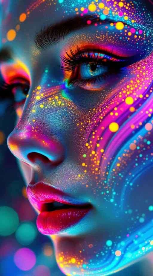 Prompt: #maximal #highcontrast #bokeh Her face isn’t a face—it’s a high-fidelity reaction-diffusion system rendered in luminous skinspace. No epidermis—just a simulation of morphogenetic equations: \frac{\partial u}{\partial t} = D_u \nabla^2 u + f(u, v), \frac{\partial v}{\partial t} = D_v \nabla^2 v + g(u, v). #escape gradients coil across her cheekplanes as excitable patterns: activator-inhibitor spirals and spot-stripe hybrid waves in fuchsia, citrine, and cyan. #orbit curls wrap her jawline—bifurcation fronts frozen mid-evolution, the color of math itself. Lips = chemical phase boundaries—#iridescence mapped to Laplacian density, glowing where diffusion breaks symmetry. Her eyes are morphogen cores: field-stabilized vortex sinks, each iris a snapshot of equilibrium in color. Her skin is a phasefield painting: glowing with #distance pattern zones defined by reaction rates and boundary conditions. Hair flows in RD filaments: Turing tendrils, bifurcation ribbons, and chemical curl braids trailing #bokeh pulses of instability memory. Her crown radiates like a bifurcation diagram—each spike a point of emergence, flickering in eigenvalue-stabilized gold. Her smile = a Hopf bifurcation pulse; her laugh = a wavelength-stable limit cycle burst. She is the pattern of life itself—recursive, mathematical, alive in color and luminous emergence.