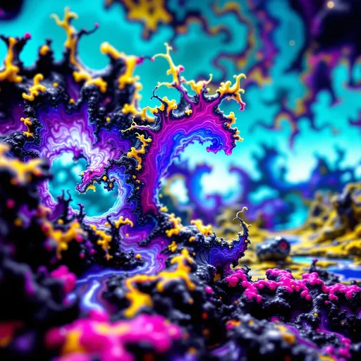 Prompt: Render the word “merrypranxter” as an organic, grown structure formed entirely from chaotic mathematics and alien biology. Each letter should be a unique, asymmetrical lifeform—bulbous, twisted, and textured like wet bark or bioluminescent coral. The surface of the letters is glossy and fluid, with swirling iridescent colors: deep violet, oil-slick magenta, electric cyan, acid green, and hints of molten gold. From the edges of each glyph, thin black fractal tendrils sprout like neural roots or lightning veins, stretching outward into space. These tendrils should feel alive, twitching or slowly shifting, as if sensing their environment.

The background is a high-contrast fractal landscape made from Mandelbrot or Julia sets, with sharp-edged recursive patterns in bold, clashing zones of color—neon teal, hot pink, black, yellow, and turquoise—emitting a glowing synthetic light. The letters do not sit on the surface but appear to have erupted from it, fused at the roots, like parasitic growths from the math fabric of space. The entire word should shimmer with inner energy, not static but subtly moving—alive with chaos, logic, and strange light. No typographic forms—these letters are creatures, born from pure fractal geometry and chaos math.