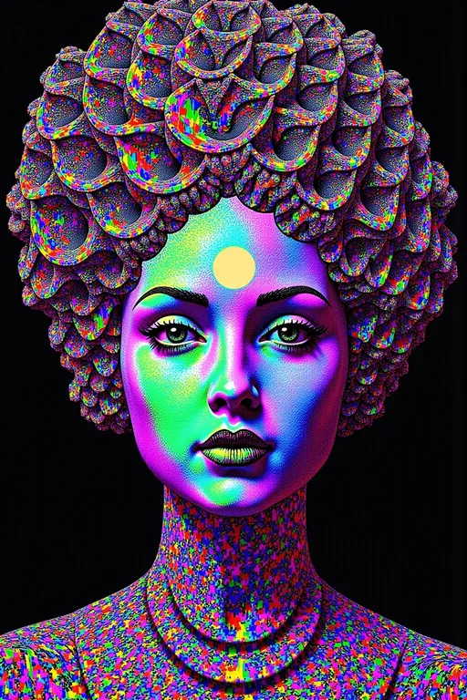 Prompt: A surreal, psychedelic face with a glowing third eye centered on the forehead, surrounded by impossible geometries and recursive structures. Her skin is covered in Newton fractal patterns and holographic tessellations that shift color like iridescent foil. The background and hair dissolve into Escher-style interlocking staircases, Penrose cubes, and Möbius loops twisting through hyperbolic space. The central third eye radiates electric tendrils of fractal energy, echoing the Droste effect as the entire face folds in on itself, blending hallucination, sacred geometry, and optical illusion. Rendered in vibrant rainbow-neon tones with a shimmering, holographic-glitch aesthetic.
