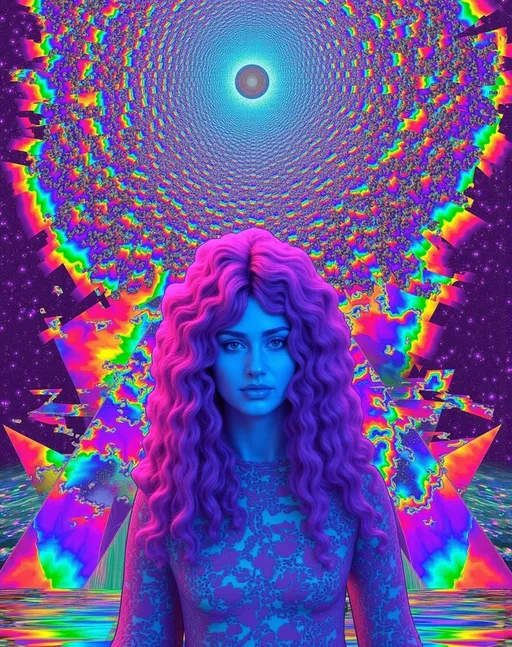 Prompt: In a vibrant cosmic scene, Merry—a caucasian slim woman with long wild pink very curly hair and blue eyes—stands amidst a dazzling array of triangles and mathematical wonders. Her hair flows like a nebula, merging with a spectrum of geometric forms in amethyst and citrine hues.

Sierpinski's triangle takes center stage, its intricate fractal pattern of indigo and orange triangles creating a mesmerizing tapestry around Merry. Above, Penrose tiling unfolds in turquoise and magenta, its non-repeating design symbolizing infinite mathematical possibilities. A Möbius strip spirals around Merry, its surface a seamless loop of iridescent light.

The color palette is a vivid explosion of neon greens, radiant yellows, and rich magentas, evoking a psychedelic dreamscape. The mood is one of infinite curiosity, as Merry embodies the harmony between chaos and order in this mathematical universe.

Rendered with meticulous detail, the scene blends crisp outlines with seamless colors, inviting viewers to explore this surreal wonderland.

Style: Psychedelic geometric art with surreal elements, inspired by fractal geometry and Penrose tiling. Medium: Digital collage.

Character count: 1,052