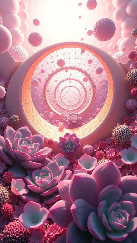 Prompt: An extremely super hyperrealistic weird trippy surreal scene unfolds, where the mesmerizing curves of the Golden Ratio Spiral weave through the intricate patterns of Spiral Phyllotaxis, creating a harmonious dance of geometry and nature. The scene is adorned with the delicate, spherical forms of Orbulina universa, their smooth surfaces reflecting light in a dreamy manner, while the hexagonal lattice structures of Hexacontium add a touch of complexity and depth.

The landscape is dotted with the enchanting, purple hues of Laccaria amethystina, their smooth caps glistening like jewels, alongside the rosette formations of Echeveria ‘Blue Atoll’, with their soft blue-green leaves creating a calming presence. The scene is further enriched by the gentle pink glow of Rose Quartz, the iridescent play of colors in Opal, and the soft, translucent layers of Fluorite, each adding a unique texture and color to the dreamscape.

A soft pastel glow bathes the entire scene, enhancing the ethereal quality, while a dreamy haze gently blurs the edges, creating a sense of infinite depth and wonder. This otherworldly environment is a captivating blend of natural beauty and abstract geometry, inviting the viewer into a realm of cotton candy dreams.