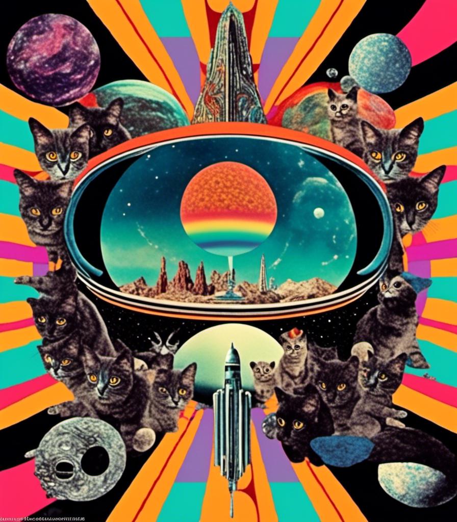 Prompt: a psychedelic collage with a vintage 70s sci-fi animation feel to it except the subject matter will be CATS IN SPACE! The collage will have elements of photography, illustration, trippy patterns and optical illusions, alien landscapes, strange trippy planets, UFOs,, meteors, all cut and spliced together in a psychedelic collage style <mymodel>