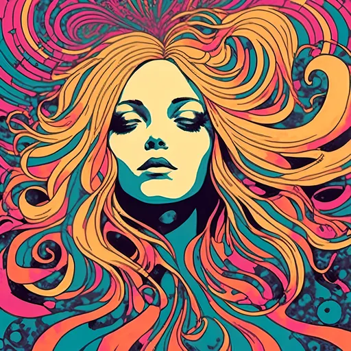 Prompt: <mymodel>Psychedelic poster art illustration of a girl with long blond curly hair, mesmerizing tesseract, vibrant colors, high-quality, surreal, trippy, hypercube, inter-dimensional, extra-dimensional, detailed hair, vibrant and colorful, abstract lighting