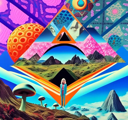 Prompt: a psychedelic collage with a feel of a vintage surreal art house 70s scifi animation combined with a psychedelic collage created out of spliced photographs, art, magazine pages, etc other photos of things like alien landscapes,, eyes, geometric shaped cutouts of trippy patterns, optical illusions, mushrooms, crystals, planets and stars, buildings, roads, cars, animals, aliens, UFOs,, insects, lots of eyes<mymodel>