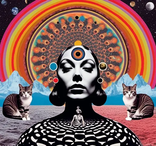 Prompt: <mymodel>Psychedelic collage of a woman, spliced and edited with psychedelic planets, cats, and UFOs, a psychedelic open third eye, incorporating paint, enamel, and found objects, black and white optical illusions, high quality, surreal, vibrant colors, trippy, psychedelic, detailed collage, cosmic theme, colorful lighting surreal collage