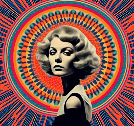 Prompt: <mymodel>Psychedelic trippy collage with a surreal vintage 70s sci-fi feel, vibrant colors, retro futuristic elements, surreal landscapes, detailed psychedelic patterns, high quality, vintage sci-fi, mixed with photograph of a woman with blond curly hair, geometric shape and optical illusions, vibrant colors, surreal, detailed patterns, trippy, collage, 70s, retro futuristic, eyes, surreal landscapes, detailed, atmospheric lighting