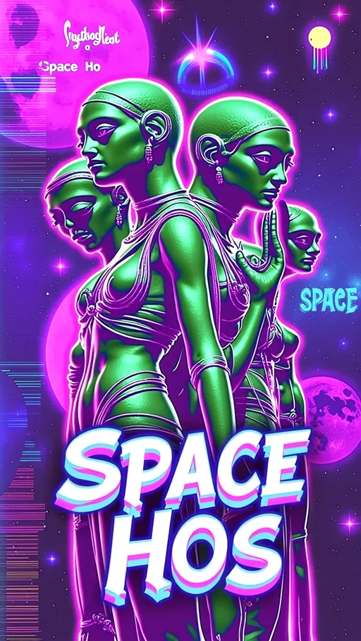 Prompt: **Space Hos - AI Art Prompt**

Create a totally glitchy glitched out artwork featuring the phrase "Space Hos" in a bold, sassy, girly futuristic tech font. The scene is populated by multiple striking green-skinned alien females, each exuding attitude and confidence. They are dressed in avant-garde high fashion with a futuristic edge, showcasing an array of intricate accessories that highlight their alien allure. The scene is being viewed through a retrofuturistic computer screen full of glitches and aberrations 

Each alien boasts a slightly conical-shaped bald head and large, almond-shaped black eyes, adding to their enigmatic charm. They pose with sass and poise, making a statement in the cosmic landscape.

Incorporate a vibrant UFO in the background, teeming with colorful lights that illuminate the scene. The setting is a bustling outer space landscape, complete with an alien planet, swirling asteroids, and cosmic phenomena. Alien glyphs are seamlessly integrated into the design, adding a mysterious layer.

The entire composition is busy and detailed, with every inch filled with tiny elements that captivate the viewer's attention. From the smallest star to the grandest asteroid, the scene is a masterpiece of cosmic chaos and extraterrestrial elegance.