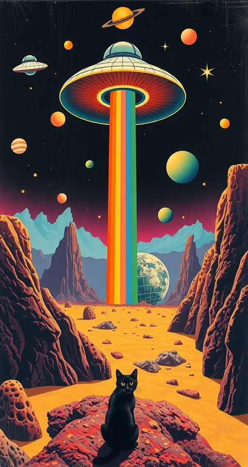 Prompt: <mymodel> Vintage 70s psychedelic surreal sci-fi Collage, analog, cut & paste, outer space, rainbows, spectrum, optical illusions/trippy patterns, surreal alien landscapes, UFOs, « little green men », psilocybin mushrooms, geometric shapes , planets, orbs, black night sky with stars, in the center, cats, 