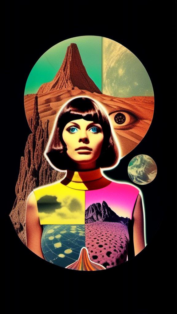 Prompt: a vintage 70s surreal psychedelic collage featuring a photograph of a young woman - it has a vintage 70s surreal science fiction art house feel to it. The photograph is cut out and edited into a collage made up of other photographs and art and feature things such as eyes, psychedelic third eyes, planets and stars, desert alien landscapes and mountains, psychedelic trippy patterns and optical illusions, psychedelic mushrooms, cats, UFOs, etc all mixed up together to create a surreal psychedelic collage effect<mymodel>