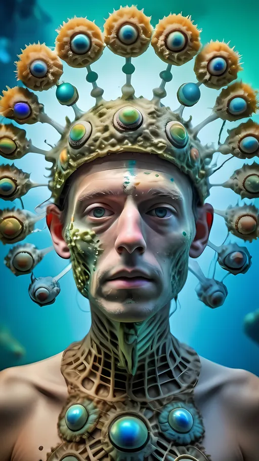 Prompt: Extremely hyperrealistic ultra textural trippy surreal beautiful but odd unsettling psychedelic creature- a psychedelic diatomaceous creature entity king crown jewelry cape with lots of crazy psychedelic human compound eyes, rows upon rows of human teeth.  head, face, body, limbs, fungus, Mandelbrot, oil slick rainbow sheen effect, holographic, hologram, translucent, vivid colors white, tons and tons of light, bright pastel colors, Gyroid Structures. Diatoms: bacillariophyta, siliceous, valves, girdle bands, raphe, striae, puncta, areolae, costae, rimoportula, fultoportula, chloroplasts, auxospore, epitheca, hypotheca, mucilage, frustule symmetry, valve morphology, pennate diatoms, centric diatoms, motile, non-motile, biofilm, epiphytic, epilithic, epipsammic, biogenic silica, diatomaceous earth, primary producers, carbon fixation, biogeochemical cycles, diatom blooms, paleoecology, nanostructures, microalgae, environmental indicators, aquatic ecosystems. geometric, symmetrical, radial, bilateral, elongated, circular, triangular, oval, star-shaped, pennate, centric, intricate, lattice-like, perforated, silica, frustules, ornate, microscopic, diverse, varied, delicate, transparent, golden-brown, pillbox-shaped, chain-forming, solitary, colonial, planktonic, benthic,