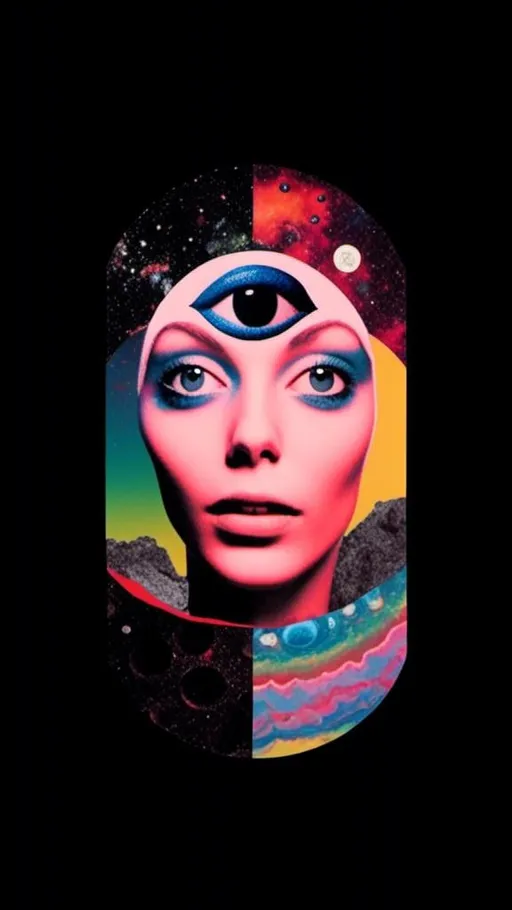 Prompt: <mymodel>Psychedelic collage of a woman, spliced and edited with psychedelic planets, cats, and UFOs, a psychedelic open third eye, pickles, photos of mushrooms of all kinds and colors, trippy optical patterns, incorporating paint, enamel, and found objects, black and white optical illusions, high quality, surreal, vibrant colors, trippy, psychedelic, detailed collage, cosmic theme, colorful lighting surreal collage