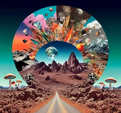 Prompt: <mymodel>surreal Psychedelic collage of spliced photographs, mushrooms, crystals, alien landscapes, desert landscapes, mountain landscapes, space, planets, orbs, psychedelic patterns, geometric shapes, optical illusions, highres, ultra-detailed, surreal, psychedelic, vibrant colors, cosmic, intricate details, surrealistic, dreamy lighting