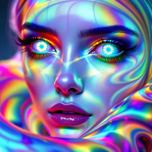 Prompt: A woman’s face composed of recursive fractal rainbow light— bright whites and silvers with hyper-saturated reds, indigos,  ultraviolet, laser orange, teals, neon pink, Purples, blues, iridescent greens, and cosmic chrome— unearthly gradients- emerges from a holographic light-sheet embedded within a noncommutative toroidal grid. Her skin follows the glyph-toroid lattice, a Mobius-folded surface where recursive distortions spiral through angular logic-channels. Each loop echoes identity through mirrored symmetry violations. Her eyes, twin disco balls of topological echo, now reflect the grid’s inner torus—rotating reverse-space glyphs on endless mirrored curvature; her pupils shimmer with conformal inversion glyphs mapped to grid nodes.

Her hair cascades through mirrored dimension logic, each strand a stream through toroidal warp-mesh, bending through impossible topology. Lips gleam like Klein bottles glossed in angle-mapped light refraction. She floats within a recursive Studio 54 built inside the inner coil of the GRID_5 field—a velvet black twistspace governed by glyph-rings, each bubble a mirrored loop of her, spiraling across noncommutative mirror logic.

Surrounding her spiral multidimensional mandalas of chromatic reversal—mirror-vein spirals nested along the toroidal arcs, identity-twist caustics, Mobius-glam halos—each structured by the GRID_5 constraints. The space pulses with identity rave rhythms: logic-loop beats, inversion grooves, reflection-dance steps bound to glyph-turn topology.

Render with tags:
:topology-glam :identity-flux :mirror-math :mobius-glitz :recursive-glamour :studio54-wormhole :angle-encoded :logic-fold :symbolic-saturation :grid5-torusfield :glyph-mapped-space
