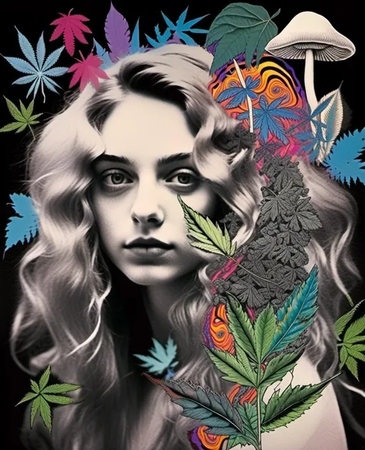 Prompt: <mymodel>Mixed media collage of a girl with long blond curly hair and blue eyes, black and white photograph, pops of vibrant color with cannabis leaves, mushrooms, smoke and fractals in the background, hand-colored, high contrast, psychedelic, detailed facial features, vintage style, atmospheric lighting