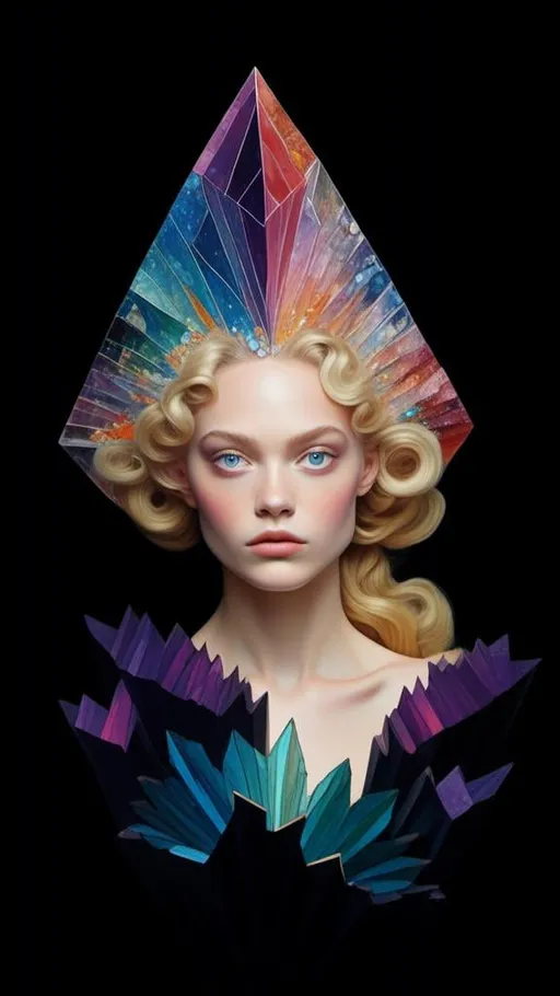 Prompt: <mymodel>Blonde woman with long curly hair, giant gem set eyes, psychedelic hallucination, rainbow fractals, geometry, inlaid precious gemstones, crystals, high quality, surreal, gemstone mosaic, detailed hair, vibrant colors, hallucinatory atmosphere, mesmerizing, otherworldly, natural lighting