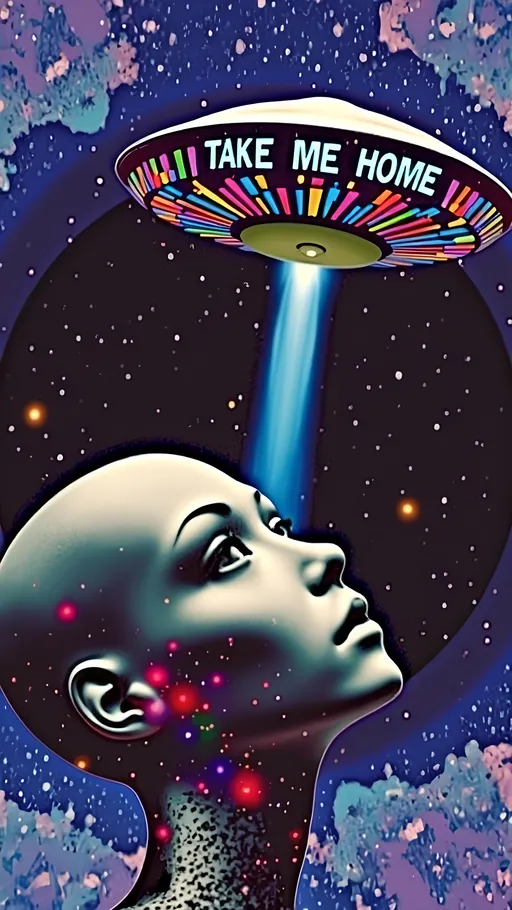 Prompt: Create a hyperrealistic yet illustrative close-up of an alien girl's face and the text phrase “TAKE ME HOME” - Her head is conical-shaped and bald, with large almond-shaped eyes that reflect a mesmerizing array of colored lights. She gazes up at a massive UFO hovering above, its metallic silver surface shimmering with holographic hues. The UFO is adorned with intricate alien designs, showcasing fine, delicate patterns that suggest advanced technology. A ray of light beams down from the UFO, casting a soft glow on her features. The scene is filled with ultra-fine details, blending realism with artistic creativity, capturing an otherworldly beauty.