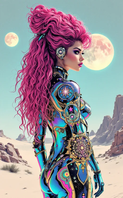 Prompt: A babelicious retrofuturistic space babe stands on the sun-bleached dunes of an alien desert world, two oversized moons glowing in the hazy sky behind her. She’s radiant and defiant, rendered in a richly illustrated retrofuturist style—part La Planète Sauvage etching, part psychedelic poster collage. Every contour is inked with soft black lines and stippled shadows, colors glowing in holofractal iridescence.

caucasian in skin tone and features, Her long, curly pink hair bursts upward in a high, sculptural style—like Martian bubblegum coils wound in gravity-defying retro swoops, dotted with chrome pins and tiny alien charms. She wears form-fitting holofractal armor, textured like liquid chrome and etched with sacred-glitch symbols that shimmer in moving rainbow waves. Instead of hearts, her armor features whimsical decorative glyphs: tangled love-stars, laughing loops, and comet-burst sigils that pulse with weird joy.

In one hand, she casually wields a vintage-style raygun, its handle clear like crystal, its barrel glowing with alien circuitry. From its tip blasts a stream of electric rainbow geometry—sparkling fractal snowflakes, radiant prisms, interlocking Platonic solids in motion. These shapes scatter into the wind like confetti from a fourth-dimensional celebration, casting soft shadows across the dunes and her own armor.
The entire image is stylized as a collage of illustrated analog textures—grainy retro color overlays, halftone patterns, print shift misalignments—giving it the feel of a lost pulp sci-fi page torn from the back of time and taped together with dream logic.

Art style: retrofuturist analog sci-fi illustration blended with La Planète Sauvage aesthetics, psychedelic collage techniques
Color palette: radiant iridescent holofractals, muted desert pastels, jet black illusion lines, popping electric rainbows
Mood: cosmic diva energy, playfully apocalyptic; like if Lisa Frank got recruited by a 1970s French animation studio and handed a glitter gun.
