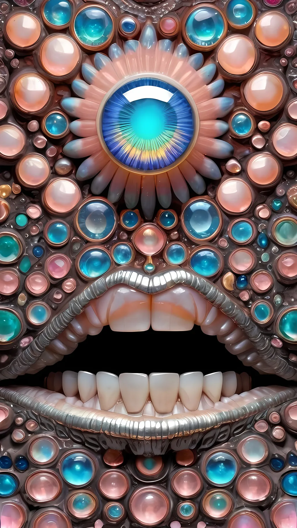 Prompt: Create an extremely hyper-realistic, ultra super textural, weird, trippy, surreal, psychedelic eyes/teeth/mouth pattern/design based on Mandelbrot & “Op Art tiling” with lots of human eyes (crazy colorful compound psychedelic), rows of human teeth, human lips, and tongues. 

- **Colors**: determined by the properties and expressions of the elements (& their isotopes), minerals, and metals: opal, moonstone, Kunzite, selenite, rose quartz, Palladium (Pd), “Fusarium verticillioides”

**Shapes and forms**
- Mandelbrot 
- "Op Art tiling" 
-other shapes determined by the natural properties and expressions of the elements (& their isotopes), minerals, metals, and biological organisms: opal, moonstone, Kunzite, selenite, rose quartz,  Palladium (Pd), “Fusarium verticillioides”


- **Textures**: Derived from any/all elements (& their isotopes), minerals, metals, crystals, organic things mentioned in this prompt: opal, moonstone, Kunzite, selenite, rose quartz, Palladium (Pd), “Fusarium verticillioides”

**Composition and Layout**:
- a pattern/design based on the Op Art tiling & Mandelbrot 

**Lighting**:
- lots of bright light
- Iridescence
- Aventurescence
- Chatoyancy
- Asterism

**Detail and Atmosphere**:
- Extreme hyperrealistic sharp high detail high definition organic and mineral textures
- Psychedelic, weird, odd, surreal atmosphere
- Frozen in time

**Additional Elements**:
- extra rows of teeth, lips, many eyes, Op Art tiling, Mandelbrot, Iridescence, Aventurescence, Chatoyancy
