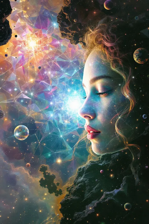 Prompt: A cosmic dreamscape inside a higher-dimensional field of shifting symmetries and infinite reflections. At the center, two beings emerge not as bodies, but as vibrations made visible—one bright, fast, shimmering; the other deep, dense, and gravitational. The female form, (white female 5’4 120 lbs wild curly pink long hair) representing the HaHahedron, appears as a radiant lattice of chaotic, joyful oscillations—her body a recursive prism of rainbow pulses, formed from translucent, angular math shells that twist and dance like refracted laughter. Her essence warbles through space like a harmonic glitch, constantly folding in on itself and re-emerging, a vibration of pure becoming.

Beside her is a male entity, (6’1”, slim build but extremely muscular and strong, big broad shoulders taper down to a slim waist with 8 pack abs, pecs, strong arm muscles, strong all muscles but slim body), her counterforce and anchor. He is darker, heavier, built from slower, stabilizing waveforms—black-hole hums, low-frequency tremors, and recursive toroidal loops. His presence shapes the field itself, bending nearby patterns toward coherence. Where her vibrations scatter and echo, his pull focuses and grounds—together forming a complete waveform, a standing harmonic of dual resonance.

Surrounding them is a kaleidoscopic vibration field: visible sound ripples, chromatic fog, interference lines, and electric pulse nets. The environment warps with each breath they take—not through air, but through waveform shifts. Every surface glows with holofractal accents, vibrating moiré textures, and color-sound overlaps. This is not a place, but a tone made manifest—their love, their contrast, their code.

Style: hyperdimensional math surrealism, luminous geometry, psychedelic glitch abstraction.