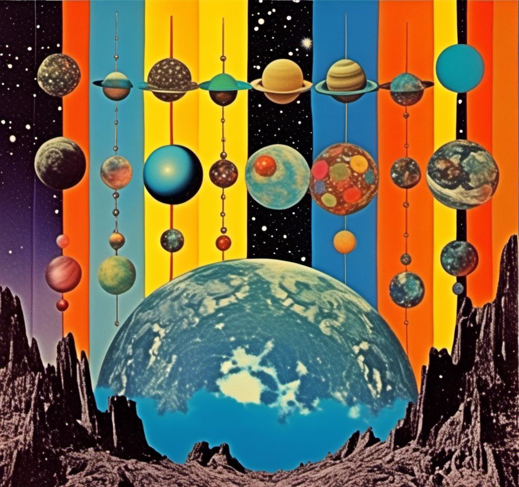 Prompt: A vintage 70s psychedelic collage with the theme “astral vacation”- incorporate themes of astral projection, the astral plane, the silver cord, use an astral brilliantly but sometimes muted opalescent color palette, & combine it all with planets, orbs, optical illusions and psychedelic trippy patterns, color spectrums as a surreal vintage psychedelic collage<mymodel>