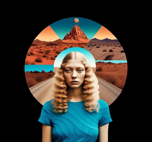 Prompt: A psychedelic collage featuring a photograph of a woman with blond curly long hair. The photo is cut and spliced with other photos - of cats, roads, landscapes, trippy optical illusion patterns, pickles, hamburgers, realistic  desert, alien  landscapes, geometric shapes in a psychedelic cut and paste collage <mymodel>