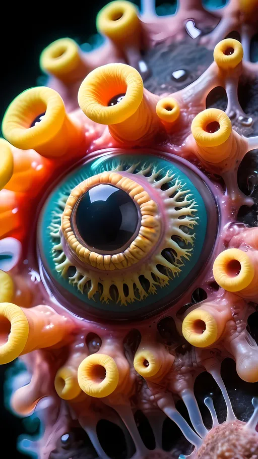 Prompt: A trippy extremely hyperrealistic psychedelic surreal slime mold creature, bright pastel colors and lots of light, lots of crazy trippy psychedelic human eyes, human teeth, EYES,FACE plasmodium, sporangium, sclerotium, amoeboid cells, fruiting body, spores, cytoplasmic streaming, cellular slime molds, acellular slime molds, aggregation, pseudoplasmodium, stalk, capillitium, myxamoebae, chemotaxis, phagocytosis, sporulation, germination, protoplasmic network, vegetative phase, reproductive phase, swarm cells, hyphae, peridium, columella, hypothallus, sporangia, sporocarps, trophozoite, encystment. 
