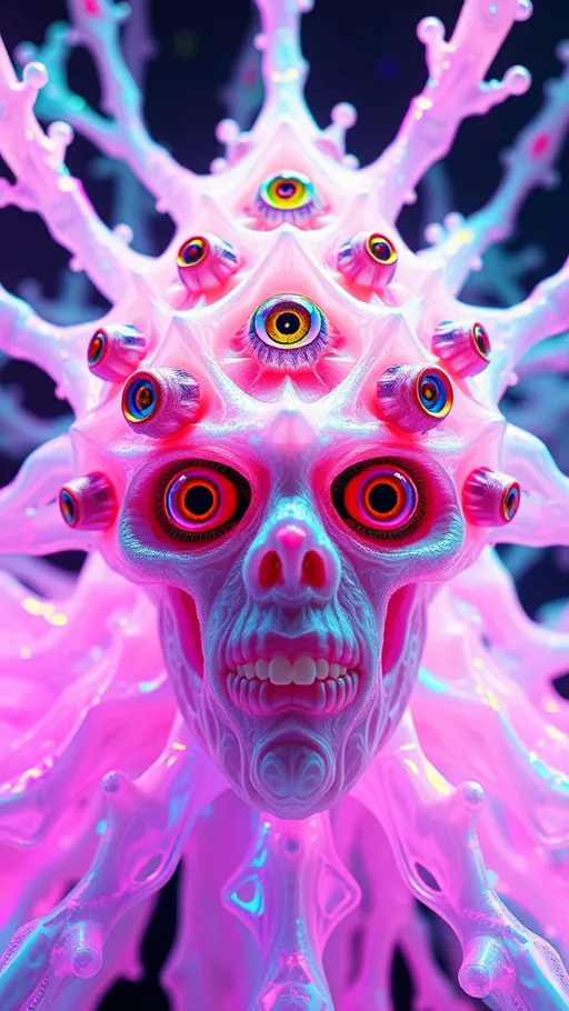 Prompt: an extremely hyper realistic ultra super textural weird trippy surreal psychedelic entity, gyroid structures, Pascal's Triangle, white, translucent, clear, bright bright pastel colors, oil slick rainbow sheen effect, lots and lots of light, lots of crazy colorful compound psychedelic human eyes, rows of human teeth, fungus, atoms, diatoms, gyroid structures, Pascal's Triangle