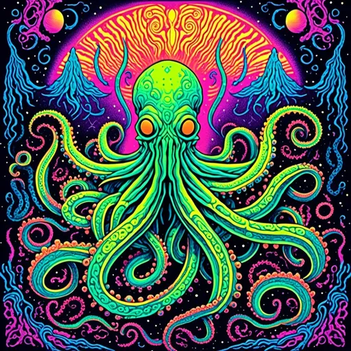 Prompt: <mymodel>Vintage blacklight poster of Cthulhu, tentacles, lovecraftian, eldritch, 70s style, tribal design, psychedelic colors, intricate tentacles, cosmic background, high quality, detailed illustration, blacklight style, 70s vintage, cosmic, intricate details, vibrant colors, psychedelic, tribal design, retro, atmospheric lighting