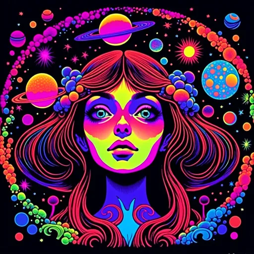 Prompt: <mymodel>Vintage 70s black light poster art illustration, girl hallucinating in space, psychedelic mushrooms, planets, moons, stars, fractals, vibrant colors, intense black light effects, detailed psychedelic girl, cosmic atmosphere, high quality, psychedelic, vintage, space, vibrant colors, fractal details, hallucination, girl illustration, retro art style, cosmic lighting