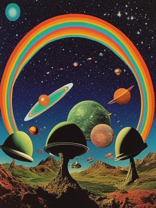 Prompt: <mymodel> Vintage 70s psychedelic surreal sci-fi Collage, analog, cut & paste, outer space, rainbows, spectrum, optical illusions/trippy patterns, surreal alien landscapes, UFOs, « little green men », psilocybin mushrooms, geometric shapes , planets, orbs, black night sky with stars, in the center