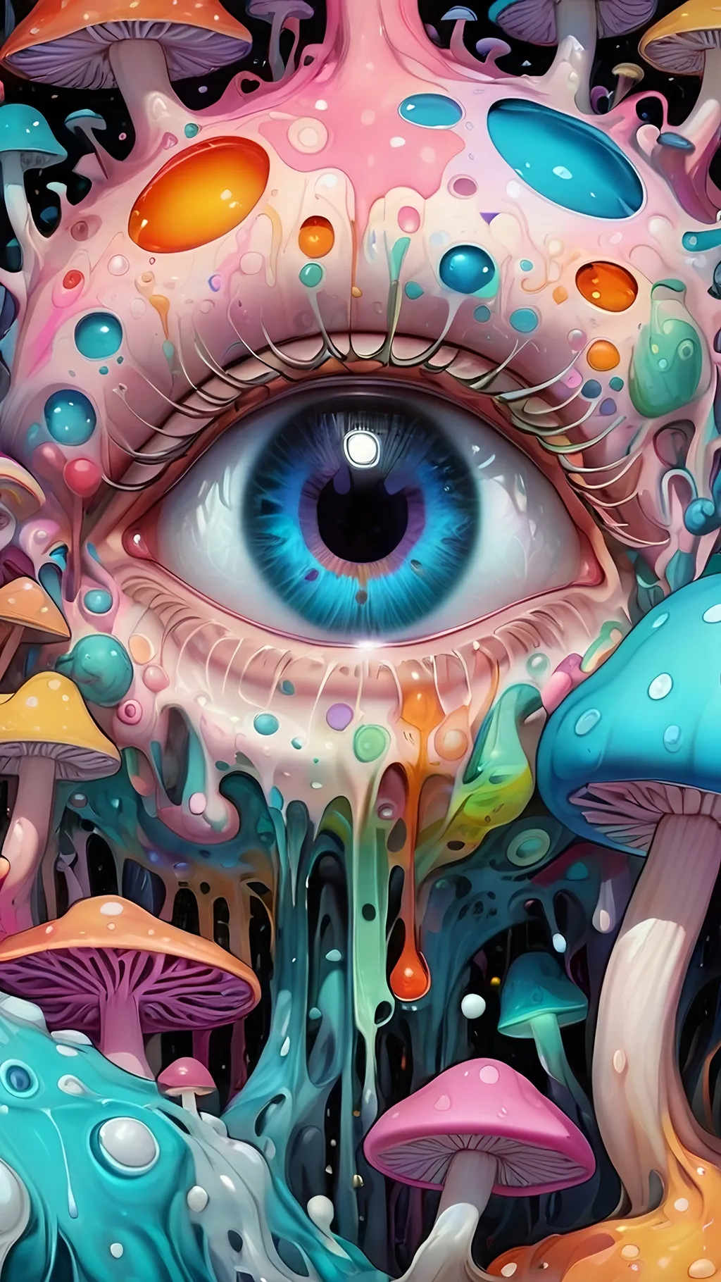 Prompt: Psychedelic, weird, surreal, bizarre, ineffable, numinous, lots of crazy weird inhuman psychedelic trippy eyes, melting, trippy, reality breaking down, hallucinations, drippy, dissolutionment, blobs,atoms, electrons, mushrooms, fractals, multidimensional, oozing, oridescent pastel colors,psychedelic hyper realism, ultra high resolution, surreal, digital art, intense lighting, bright pastel hues, abstract, confusing, looking at you, ultra detailed textures