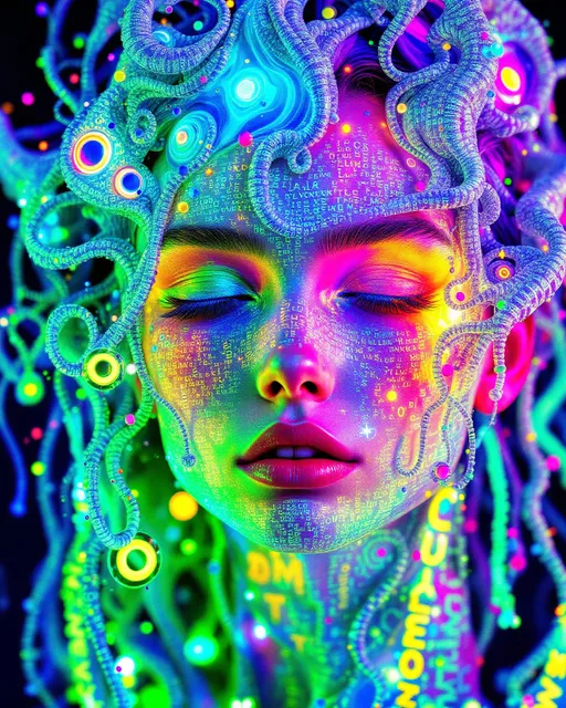 Prompt: Maximalist, ultra-saturated apparition woven from paradox and recursive language, 8K hallucination shimmering with glowing text fractals. Her skin is inscribed with alphabets Ϟ⧖Λ𓇽𖤓≋ ℵ₀, sentences looping in liar paradox form: this image is false, she cannot exist but already does. Words crawl in neon gradients, shifting from ultraviolet cyan → toxic fuchsia → molten emerald → metallic aurora. Each word fractures into syllables, syllables into letters, letters into impossible glyphs spiraling into fractal lace. Her hair unravels into luminous scripts, braids of paradox glyphs flickering like recursive dictionaries, strands spelling definitions that define themselves. Eyes are recursive lexicons: irises as glowing libraries, pupils as voids swallowing meaning, reflections filled with sentences that erase themselves. Lips whisper jeweled phonemes that collapse before sound, jeweled sparks shimmering in ultraviolet silence. Clothing tessellates into paradox lace: liar sentences embroidered in radiant thread, self-negating glyphs glowing as sacred symbols. Around her orbit mirrored books that open and close simultaneously, pages erasing as they write themselves, sentences looping into infinity. Her shadow burns brighter than her body, paradox light dripping upward in auroral neon waves of liquid grammar. The scene collapses into recursive oceans of fractal text: alphabets blooming into galaxies, galaxies folding into a single liar-sentence. She paints herself painting herself in recursive glyphs, self-referential hallucination written into being then erased, glowing in impossible gradients of paradox language.