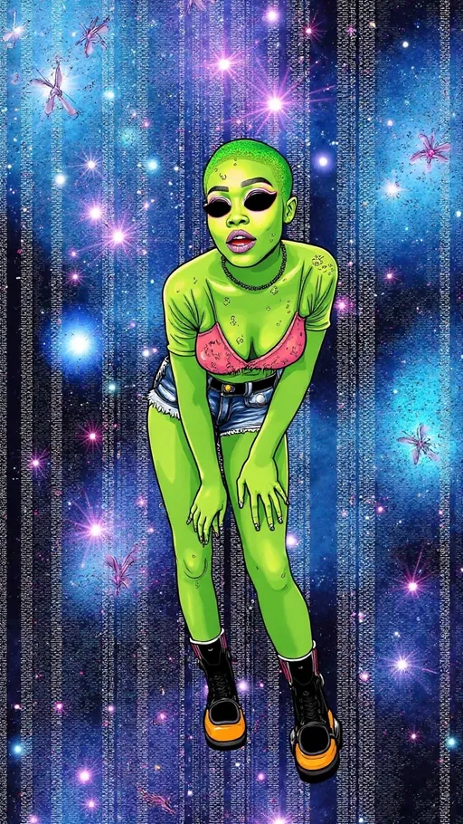 Prompt: **Prompt:**  
A green-skinned alien girl with a conical bald head and large solid black almond-shaped eyes is leaning slightly forward, her knees turned inward in a playful, mischievous pose. Her hands dangle loosely near her thighs, fingers spread casually, giving her a sassy and confident vibe. She’s dressed in a torn, neon crop top with jagged edges, fishnet stockings, and frayed, ultra-short denim shorts. Chunky platform sneakers with glowing accents complete her edgy, trashy look, and her metallic-painted nails catch the light, adding a flashy detail.  

The background is a surreal outer space scene, filled with swirling galaxies, shimmering stars, and glowing nebulae, all infused with glitching effects. Digital distortions ripple through the cosmic scene, with pixelated fragments, streaks of static, and cascading error lines blending seamlessly into the celestial environment. Bright neon colors pulse and flicker, as if the scene is part of a corrupted holographic projection. The edges of her figure glitch slightly, with parts of her blending into the swirling universe, creating a mesmerizing mix of cosmic beauty and digital chaos. The composition has a retro-futuristic, analog finish, like a distorted snapshot from a malfunctioning intergalactic feed.