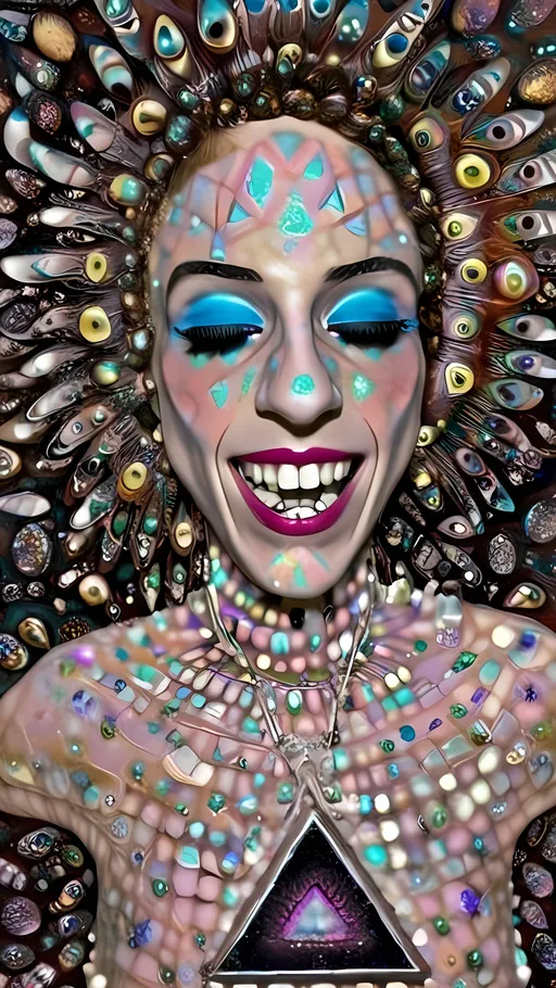 Prompt: an extremely hyper realistic ultra super textural weird trippy surreal psychedelic entity, Sierpinski Triangle, ,,, translucent, white, pearlescent finish, inlaid opal, glittering crystal accents, silver, pyrite, quartz,, chrome, bright vivid teals, blues, pinks/yellows/greens,purples,  lots and lots of light, lots of crazy colorful compound psychedelic human eyes, rows of human teeth, human lips, tongues, fungus,  atoms, diatoms, diatomic, algae, bryozoans, Sierpinski Triangle, extreme high definition organic and mineral textures