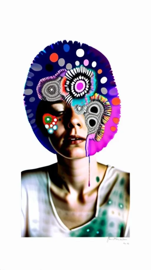 Prompt: A mixed media collage of a black and white photograph of a young woman growing all kinds of colorful multimedia psychedelic mushrooms and fungus out of her body (incorporate things like- but are not limited to - vibrant paints, enamels, glitters, metallic foils, newspaper and magazine cut paper, paint spatter, etc)<mymodel>