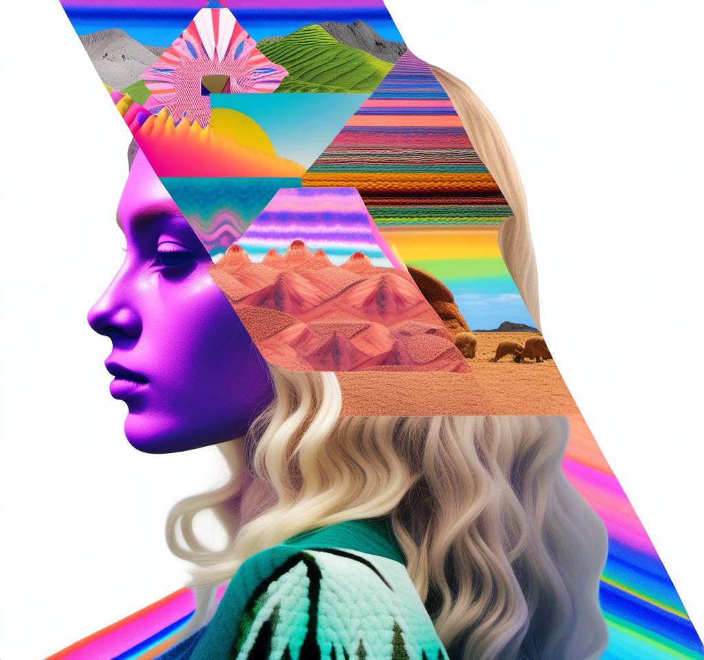 Prompt: A psychedelic collage featuring a photograph of a woman with blond curly long hair. The photo is cut and spliced with other photos - of cats, eyes, body parts, roads, landscapes, trippy optical illusion patterns, pickles, hamburgers, realistic  desert, alien  landscapes, geometric shapes etc in such a way that she has a psychedelic open third eye, in a psychedelic cut and paste collage <mymodel>