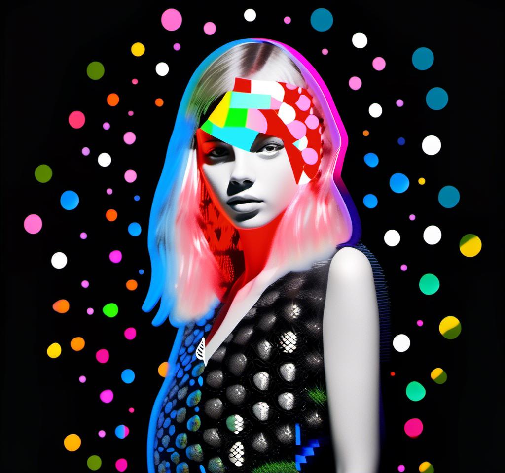 Prompt: A mixed media collage featuring a black and white photograph of a girl that is cut and spliced with mixed media stuff to create a disco inferno vibe. Neon retro disco colors, disco balls, colored lights, disco style and aesthetic utilizing but not limited to paints, enamels, glitters, metallic foils, rhinestones, marker, paintbdrips and spatter, torn or cut paper, folded paper, sequins, shiny holographic finishes explode from the photo of the girl and radiate out into the background <mymodel>