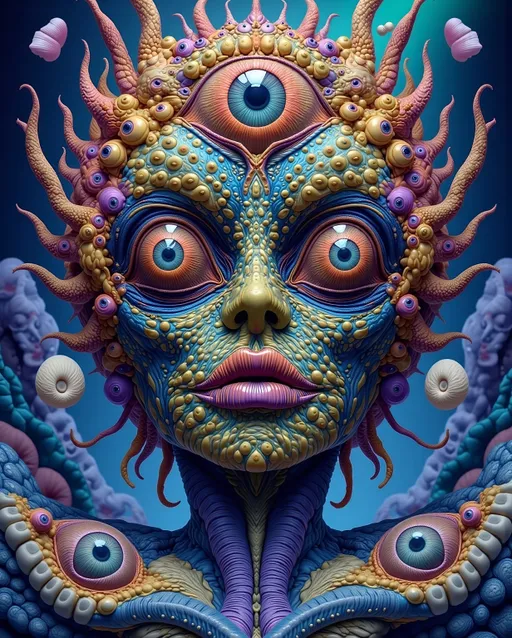 Prompt: An extremely super hyper detailed hyperrealistic weird surreal trippy psychedelic entity manifests, adorned with a multitude of psychedelic compound human eyes, arranged meticulously in a Fibonacci Spiral tiling pattern. These eyes, vibrant and entrancing, create a mesmerizing visual symphony. Rows upon rows of psychedelic teeth form a fractal-like pattern akin to the Mandelbrot Set, spiraling endlessly.

The entity's skin is a shimmering tapestry of iridescent Ammolite, displaying a spectrum of colors that shift with every movement. Interspersed are cubic Fluorite crystals in pale yellow, contrasting vividly with the backdrop. Swirling through its form are veins of Charoite, vivid purple strands weaving cosmic energy throughout its being.

On a microscopic level, Quantum Foam bubbles and fluctuates, giving the entity an ethereal, ever-changing appearance. Vibrating Quantum Strings hint at the fundamental nature of its existence, while Quantum Entanglement weaves an invisible web, linking its myriad parts in a dance of interconnectedness.

The background is a surreal landscape inspired by the Voronoi Tiling pattern, resembling an infinite cellular structure. The ground is a mosaic of royal blue Sodalite, with veins of white calcite creating a natural yet otherworldly pattern. Above, a sky of swirling Quantum Wave Functions paints a picture of potential realities, each wave a probability, each crest a possibility.

This entity embodies the fusion of mathematical precision and quantum chaos, a creation born from the abstract merging of natural, microscopic elements, minerals, and quantum phenomena, existing in a realm where reality and imagination blur into one.