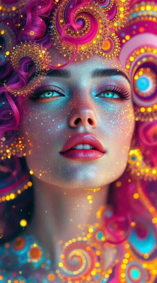 Prompt: Her face is a modular masterpiece—cheekbones traced with the shimmer of moonshine symmetry, every angle tuned to a hidden harmonic. Newton fractal veins glow faintly beneath translucent skin, shifting in color with each emotion. Her eyes burn with prime number fire, irises tiled in Penrose symmetry, blinking with curved light logic. Laughter echoes in Hilbert paths across her cheeks—space-filling joy spirals, soft and bright. Hair spills around her in radiant pink curls, styled by quasiperiodic forces and recursive wave equations—each strand flowing in luminous fractal tension. Geometry pulses at the hairline, recursive symbols glinting in neon mathdust. She is wrapped in hyperbolic aura-rings, layered in color-feedback like living topology, her presence refracting sacred math through joy, emotion, and colorfields.”

⸻

Visual Keywords:
Modular face symmetry, Newton glow skin, Penrose-tiled irises, Hilbert smile trails, pink recursive curls, fractal symbol halo, hyperbolic color aura, neon mathdust, prime fire eyes
