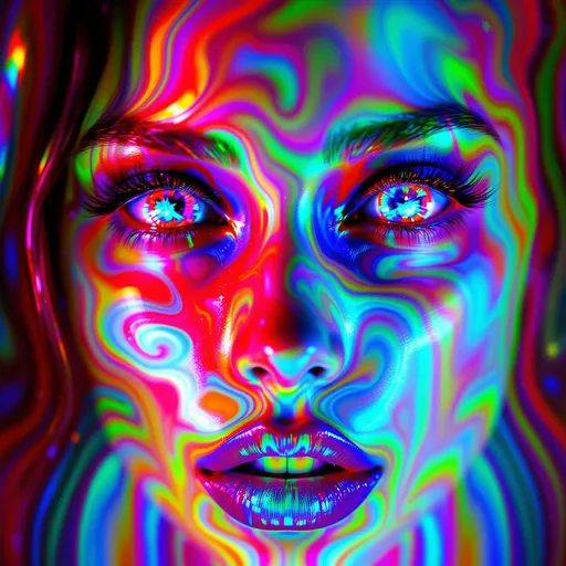 Prompt: Inside a warped cathedral of non-Euclidean light—a chamber grown from hyperbolic geometry and mirrored recursion—a face flickers into being. She is not human. She is a spectral bloom of chromaflux math, suspended mid-oscillation, her identity refracted through a lattice-coded hallucination.

Her face is carved from recursive rainbow: each feature a waveform disturbance in saturated fractal space, built by the invisible mechanics of the [GRID_12] Chromaflux Constraint Net. Her “skin” is pure illusion—a high-dimensional light-surface that ripples with holographic caustics, overlaid with glitched diffraction glyphs. Color bends wrong across her lips. Sparkle doesn’t scatter—it organizes. Glossed Klein-glass shimmer wraps her like encrypted data.

Her eyes reflect infinite paradox—hollow spheres filled with rotating rainbow lattices, each pupil an iris-shaped black hole for self-similar recursion. From her cheekbones to her crown, microfractals unfold in golden rainbow tessellations, twinkling like mathematically perfect glitter storms. Her lashes are vector filaments. Her brows: sinewave caustics traced in spectral gold.

She floats within the Chromaflux temple—a negative-curvature palace made of curved reflection logic, where every wall bends away and toward her at once. Rainbow mandalas spiral endlessly outward across the chamber’s recursive vaults. The air itself is patterned: glitter suspended in phase-space, bending through dimensional lensing.

Every point glows with nested chroma: pinks that contain blues that contain golds that loop back into green. The space is alive—a breathing, tessellating intelligence, reflecting her in mirrored lattice ghosts. She is both center and fragment—a radiant equation carved from recursive light.

Render with tags:
:non-euclidean-cathedral :grid12-chromaflux :hyperbolic-glamour :recursive-sparklefield :glitterwave-being :fractal-sheen-lattice :rainbow-geometry :tessellated-identity :maximalist-hall-of-light :symbolic-chroma-simulation
