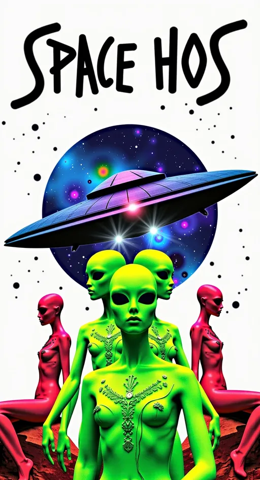 Prompt: **Space Hos - AI Art Prompt**

Create an artwork featuring the phrase "Space Hos" in a bold, sassy, girly futuristic tech font. The scene is populated by multiple striking green-skinned alien females, each exuding attitude and confidence. They are dressed in avant-garde high fashion with a futuristic edge, showcasing an array of intricate accessories that highlight their alien allure.

Each alien boasts a slightly conical-shaped bald head and large, almond-shaped black eyes, adding to their enigmatic charm. They pose with sass and poise, making a statement in the cosmic landscape.

Incorporate a vibrant UFO in the background, teeming with colorful lights that illuminate the scene. The setting is a bustling outer space landscape, complete with an alien planet, swirling asteroids, and cosmic phenomena. Alien glyphs are seamlessly integrated into the design, adding a mysterious layer.

The entire composition is busy and detailed, with every inch filled with tiny elements that captivate the viewer's attention. From the smallest star to the grandest asteroid, the scene is a masterpiece of cosmic chaos and extraterrestrial elegance.