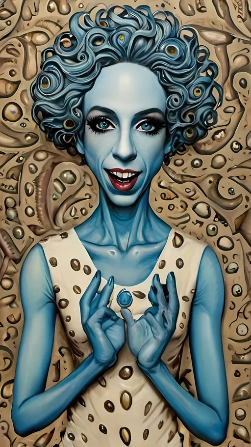 Prompt: Imagine a surreal portrait of yourself as a blue-skinned alien, inspired by the whimsical and grotesque style of Roland Topor. Your alien self has elongated limbs and exaggerated features, with large, expressive eyes that convey a sense of curiosity and mischief. The skin is a rich, cerulean blue with intricate patterns and textures, reminiscent of Topor's detailed line work. The background is a dreamlike landscape, filled with bizarre and otherworldly flora that seem to dance and sway. The overall composition is both unsettling and enchanting, capturing the essence of Topor's fantastical and absurd artistry. Key elements include surrealism, grotesque beauty, intricate patterns, and a whimsical alien world.