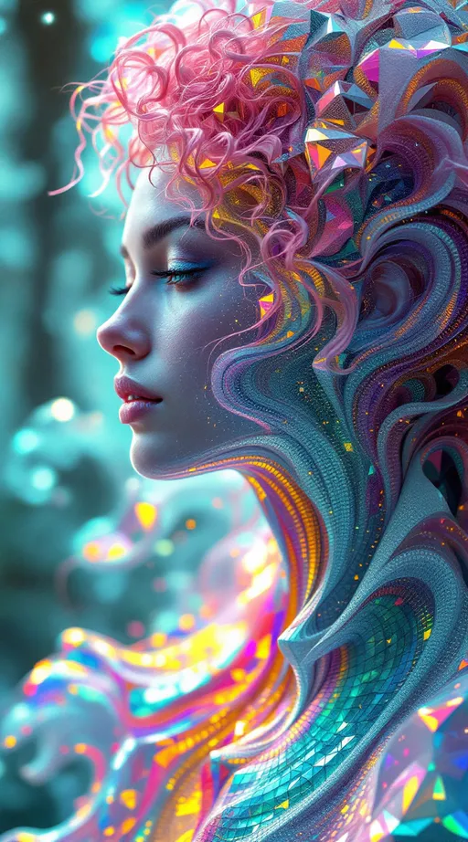 Prompt: In a realm made of pure Tessellotic Pulse Modulation—where vibration tiles space and emotion shapes geometry—two beings manifest as waveform entities. The first: a white woman, 5’4”, slim, long wild pink curly hair, rendered in refractive, iridescent tessellations. Her form pulses in chaotic syncopation—fractal petals made of light folding over light, leaving trails of prismatic glitches across the field. Her body never holds a single shape—built from recursive polygons, impossible angles, and radiant pulse-threads. She flickers like laughter in motion. Every step generates new pattern, her path a blooming cascade of rainbow logic. She is the HaHahedron—unstable joy made visible.

Opposite her vibrates a tall, gravitational counterwave: a 6’1” lean but intensely muscular man with a slight tan, short blondish hair, and piercing brilliant blue eyes. His structure hums with low, slow tessellations—concentric waveform architecture built from golden-ratio arcs and nested toroids. Where she explodes, he contains. His crystalline surface refracts deeper hues: navy, ice, soft white. He doesn’t chase movement; he stabilizes it. His frequency folds hers into coherence—not diminishing her, but giving her something to bounce off of. He is the anchor harmonic in her blooming math.

Between them, standing wave geometries form—rippling lattice bridges, tessellated light planes, fluid math. Their connection generates recursive moiré fields, flickering glyphs, and harmonic shadows that ripple forever outward. They are not inside this math. They are the source of it.

Style: iridescent math-body surrealism, holofractal pulse logic, dual frequency tessellation, sacred geometry dreamforms.