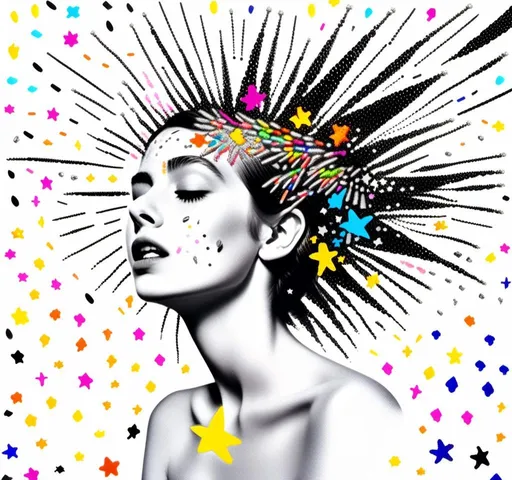 Prompt: <mymodel>Black and white halftone photograph of a girl, exploding with colorful multimedia stars, sparkles, and electric lightning bolts, created from paint, glitter, enamels, metal foils, iridescent paint, rhinestones, seed beads, dynamic and vibrant, high contrast, mixed media, dazzling explosion, detailed face and expression, high quality, highres, multimedia explosion, dynamic lighting, contrasted shadows, black and white, mixed media art