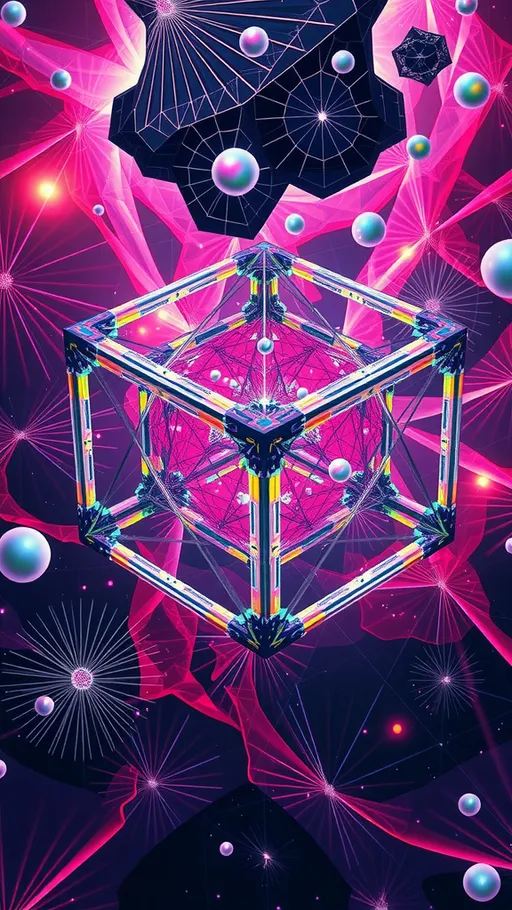 Prompt: A psychedelic hallucination of a multidimensional geometric shape/multi-tesseract entity (polytopes, Hypercubes, 12-dimensional, vertices, edges, faces, cells, projection, cross-section, orthogonal, symmetry, topology, dimensionality, manifold, quaternion, polytopes.) they are moving (Undulating, oscillating, twisting, rotating, folding, morphing, shimmering, pulsating, spiraling, looping, interweaving, flowing, rippling, expanding, contracting.)